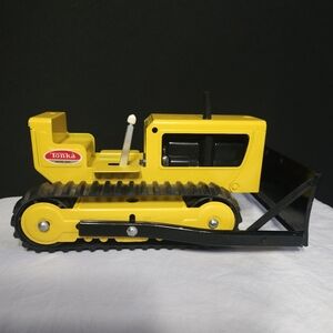 TONKA 1960's Pressed Metal Yellow & Black Bulldozer Crawler Toy Truck